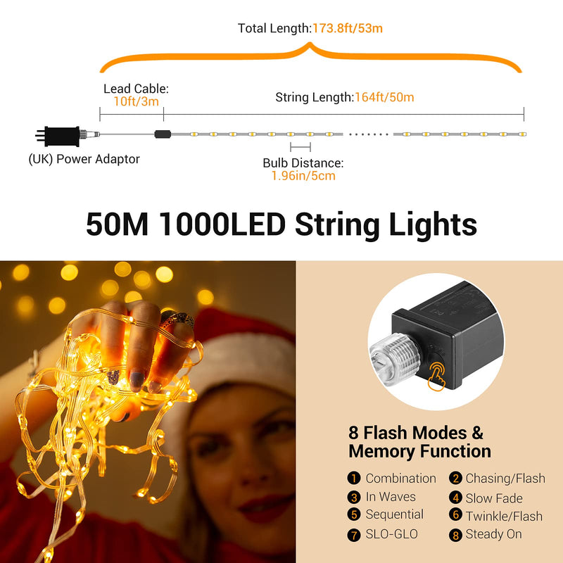 GlobaLink Warm White Rope Lights Plug in, 50M/164FT 1000Leds Christmas String Lights 8 Modes Waterproof Tube Light Copper Wire Fairy Lights for Garden Fence Yard Party Wedding Christmas Tree 50M 1000Leds