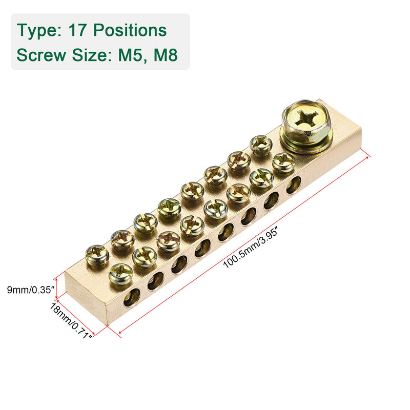 MECCANIXITY Terminal Ground Bar Screw Block Barrier Brass 17 Positions with Bracket for Electrical Distribution 2 Pcs