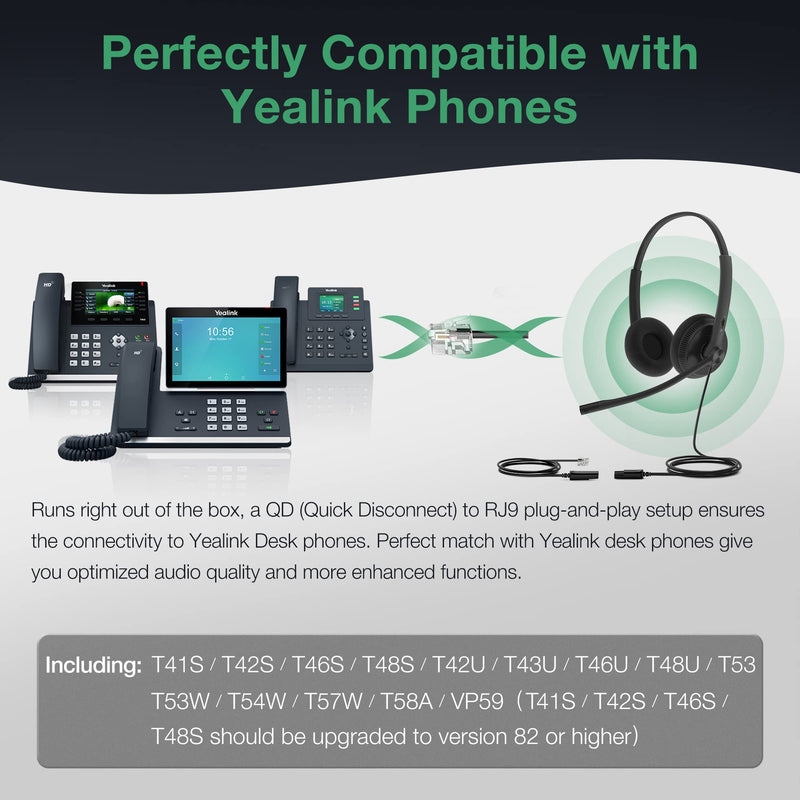 Yealink Phone Headsets for Office Phones YHS34 Lite QD to RJ9 Wired Headset Compatible with Poly Avaya Snom Grandstream Phones Desk Landline Headset with Microphone -Dual/111g/2.1m Cable Foamy Ear Cushions - Dual