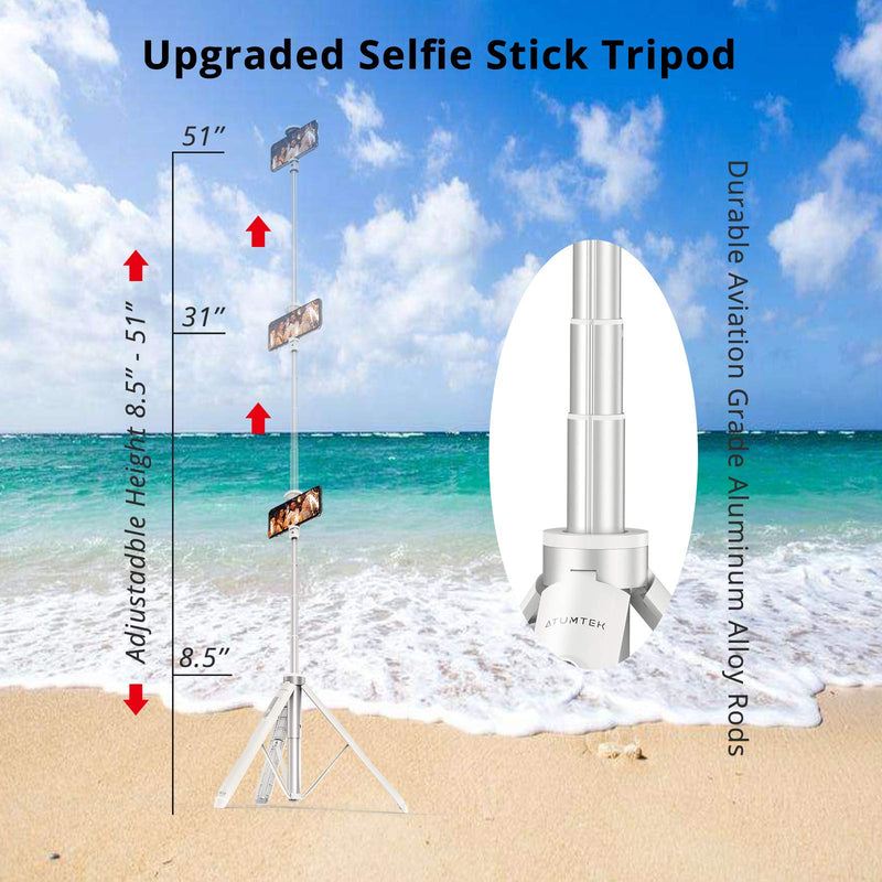 [AUSTRALIA] - ATUMTEK 51" Selfie Stick Tripod, All in One Extendable Phone Tripod Stand with Bluetooth Remote 360° Rotation for iPhone and Android Phone Selfies, Video Recording, Vlogging, Live Streaming, White 51" 