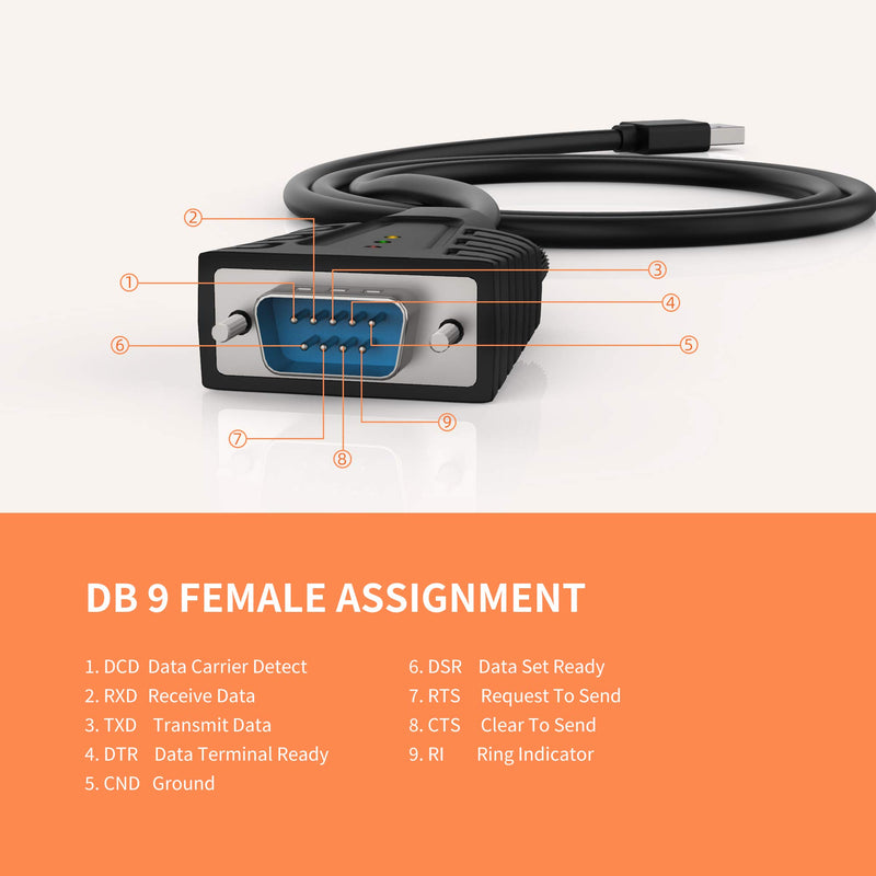 DriverGenius USB to Serial RS232 DB9 Cable Adapter with 3 LED Indicators- USB Serial 9 Pin Com Port Adapter- Compatible for Windows10/MacOS 10.15 (3ft/1m)