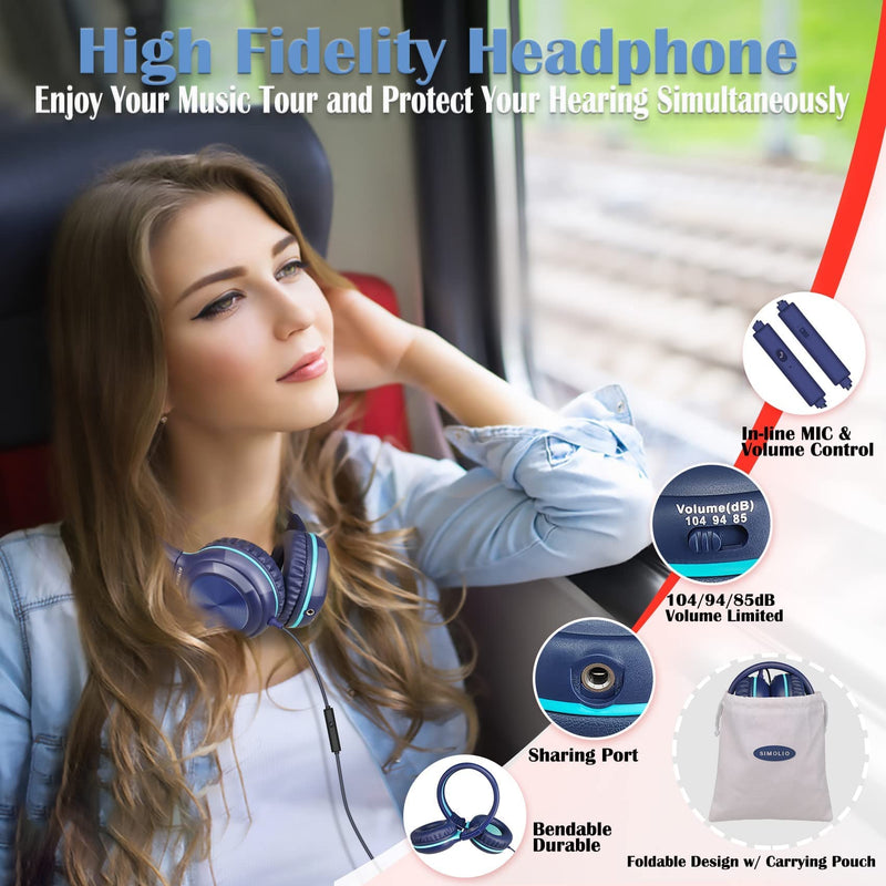 SIMOLIO Wired Headphones with Microphone & Volume Control & 3-Level Switchable Volume Limited & Share Jack & Bag, 3.5mm Jack Headset for Kids Teens Adults Youths School Plane Travel PC Computer Laptop