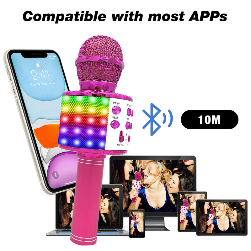 [AUSTRALIA] - 4 in 1 Wireless Bluetooth Karaoke Microphone with LED Lights,Handheld Portable Microphone for Kids, Home KTV Player with Record Function, Compatible with Android & iOS Devices (Pink) Pink 