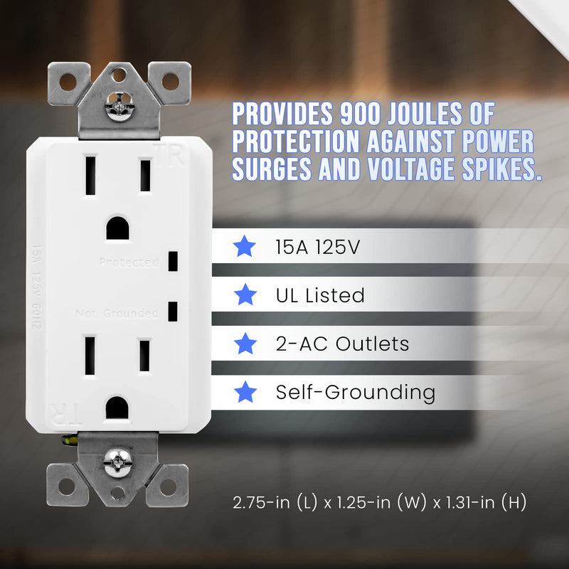 15A 125V, Surge Protector Receptacle with Grounding Indicator By Select-Lighting, Child Safe, Tamper-Resistant, Self-Grounding, 2-Pole, UL Listed, White