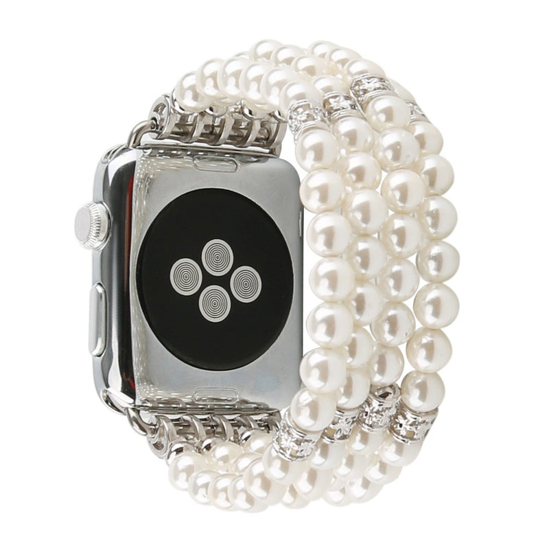 GEMEK Compatible with Apple Watch Band 38mm 42mm Women iWatch Bands Series 6/5/4/3/2/1, Handmade Beaded Elastic Stretch Pearl Bracelet Replacement Strap for Girls Wristband White 42mm/44mm