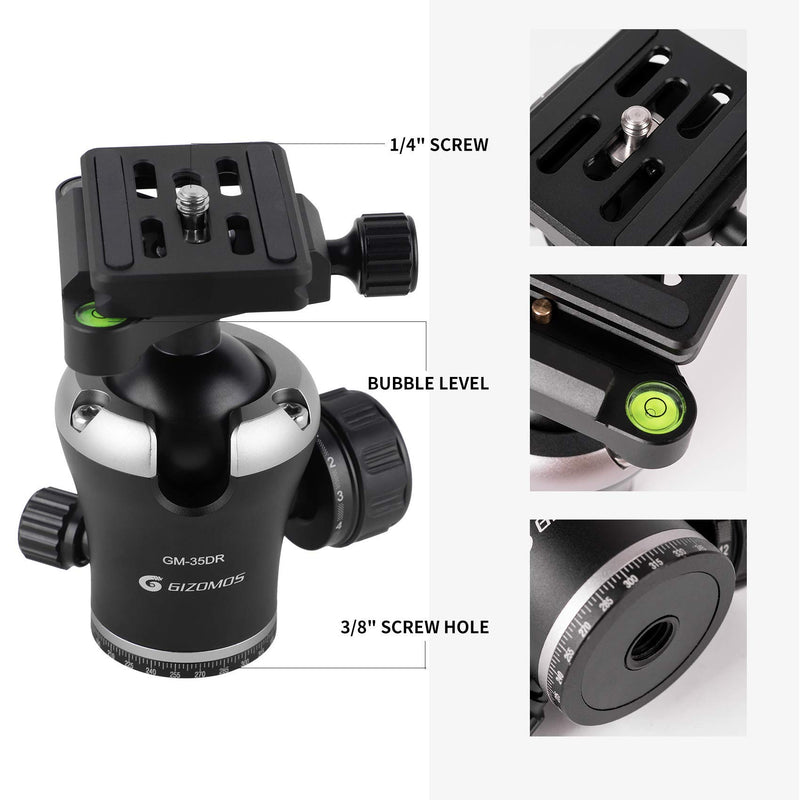 GIZOMOS GM-35DR Panoramic Professional Tripod Ball Head with 1/4" Quick Release Plate, 360 Degree Swivel, Fluid Rotation Camera Ball Head with Bubble Level, Aluminum Alloy, Max Load 12kg/26.5lb
