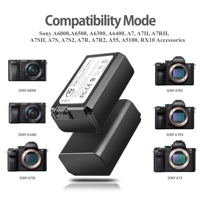 Cxy NP-FW50 Camera Batteries and Rapid LCD Dual Charger Sets for Sony A6000,A6500, A6300, A6400, A7, A7II, A7RII, A7SII, A7S, A7S2, A7R, A7R2, A55, A5100, RX10 Accessories (2-Pack,1300mAh)