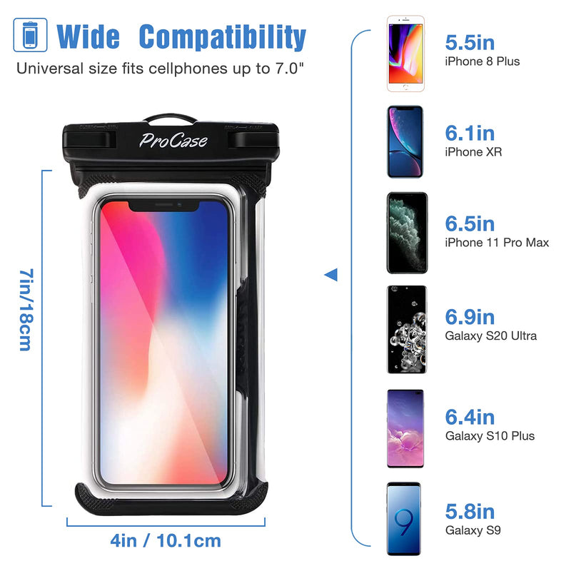 ProCase Universal Waterproof Case Cellphone Dry Bag Pouch for iPhone 13 Pro Max 13 Mini, 12 11 Pro Max Xs Max XR XS X 8 7 6S Plus SE, Galaxy S20 Ultra S10 S9 S8/Note 10 9 up to 7" -2 Pack, Black