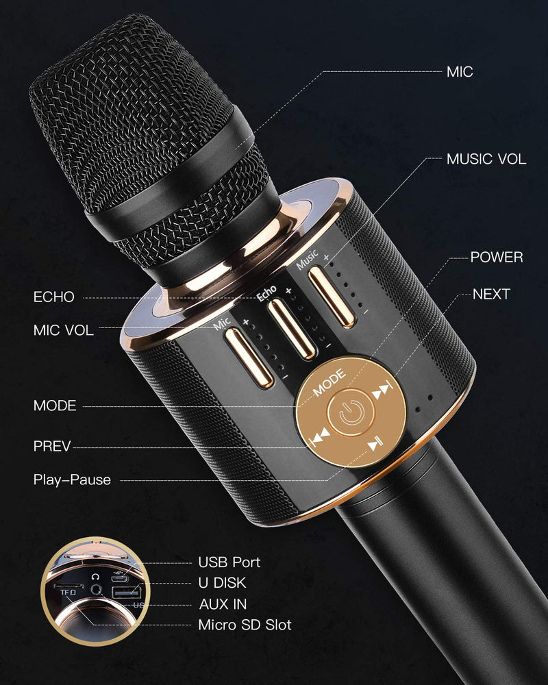 ShinePick Wireless Microphone, 4 in 1 Karaoke Bluetooth Microphone, Dynamic Mic Portable Karaoke Machine, Home Handheld KTV with Record Function, Compatible with Android iOS Devices (Black) Black