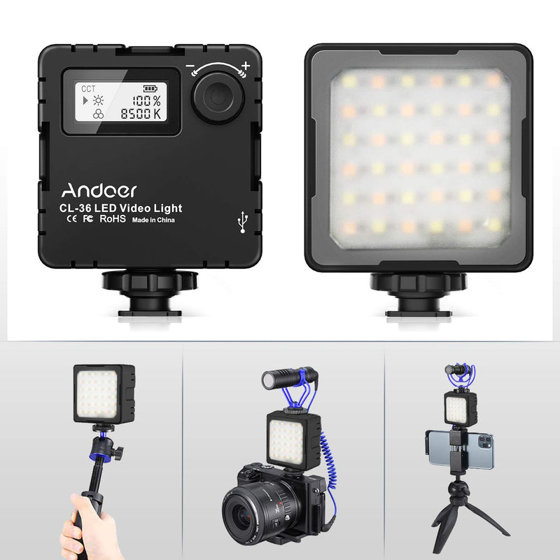 Andoer CL-36 2000mAh Mini Bi-Color LED Video Light 2800K-8500K Dimmable Built-in Rechargeable Battery with 3 Cold Shoe Mounts LCD Display Vlog Fill Light