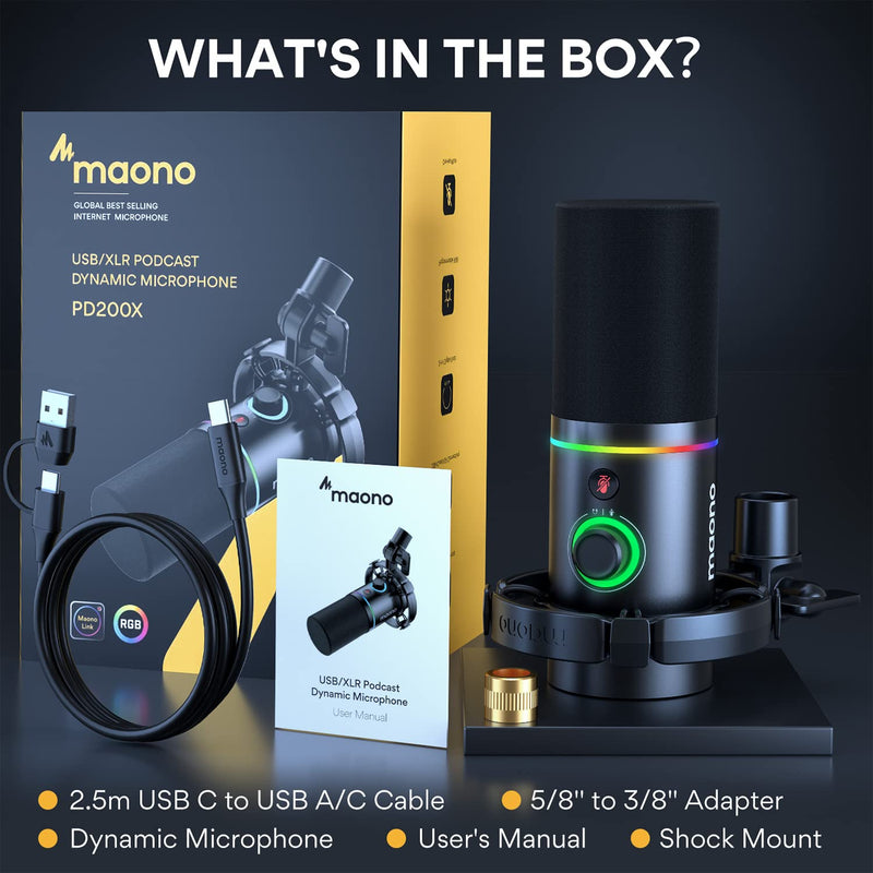 MAONO XLR/USB Podcast Microphone, PC Dynamic Microphone for Recording, Streaming, Gaming & Voice-Over, Metal Mic with Software, Tap-to-Mute, Headphone Jack, Gain Knob & Volume Control-PD200X