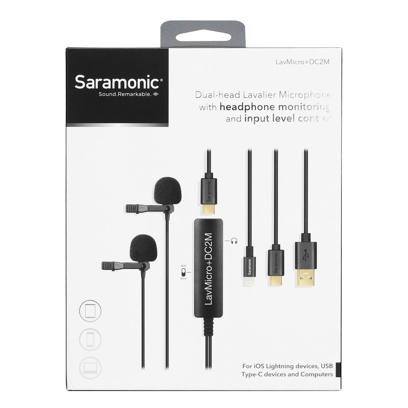 Saramonic 2-Person Digital Lavalier Microphone with Lightning, USB-C & USB-A Output for iPhone, iPad, Android Devices & Computers with Headphone Output (LavMicro+DC2M) 2-Person Lavalier