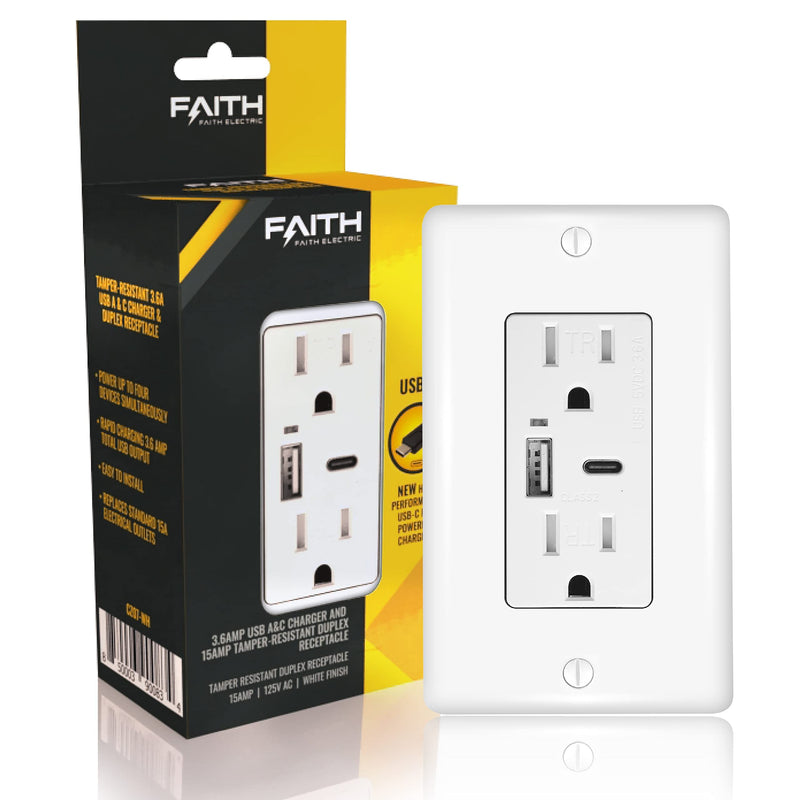 Faith Combination Electrical Outlet and USB Wall Charger | White Wall Outlet with USB Ports (2-Pack) | Power Outlet 15A/125V with 3.6A/5V Type A and C USB Outlets | Fast Charging and Tamper Resistant 2-Pack - White USB Type-C