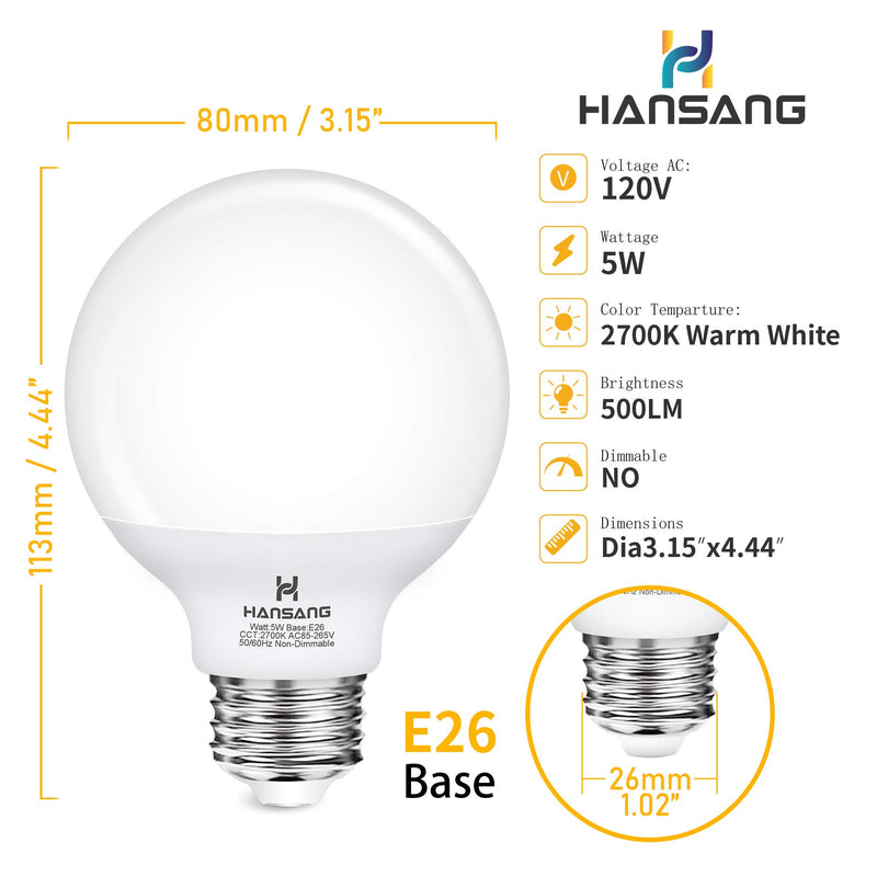 G25 LED Globe Light Bulbs, Hansang Bathroom Vanity Light Bulbs E26 Base Warm White 2700K for Bedroom Makeup Mirror Lights,60W Equivalent(5W),500LM,Non-dimmable,4Pack Globe 2700K(warm White)