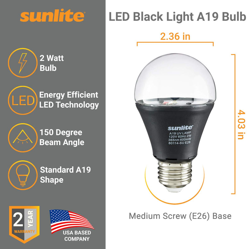 [AUSTRALIA] - Sunlite 80114-SU LED A19 Black Light Bulb The Only True 365nm Wavelength On Amazon, Inconspicuous UV-A Rays – Bright Glow Effect, 2 Watts, 1 Pack, BLB 