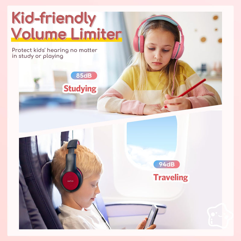 EarFun Kids Headphones Wired with Microphone, 85/94dB Volume Limit Headphones for Kids, Portable Wired Headphones with Shareport, Stereo Sound Foldable Headset for School/Tablet/iPad/Kindle Pink Pink Blue