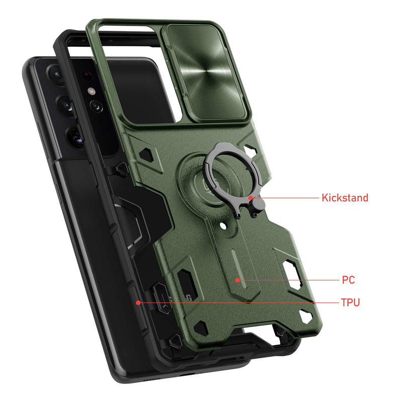 Nillkin Samsung Galaxy S21 Ultra Case - CamShield Armor Case with Camera Cover & Kickstand [Slide Lens Cover, Rotate Ring Stand], PC & TPU Impact-Resistant Bumpers Military Grade Case, Green