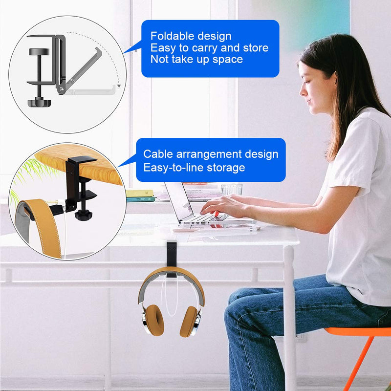Aluminum Headphone Stand Hanger Foldable with Cable Clip - Goldmille Headset Holder Clamp Hook Under Desk, Save Your Space While Working & Gaming