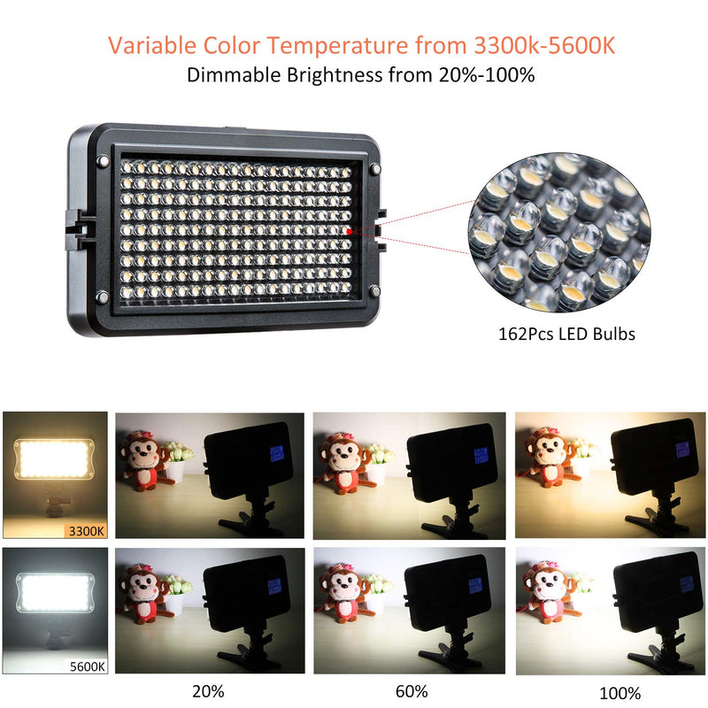 VILTROX VL-162T CRI95+ LED Video Light, Portable on Camera Photo Light Panel Dimmable for DSLR Camera Camcorder with Battery, High Brightness, 3300K-5600K Bi-Color, White Filter and LCD Display