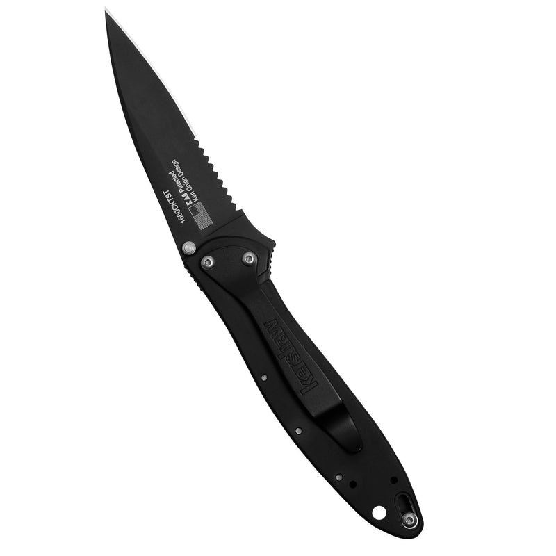 Kershaw Leek, Black Serrated Pocket Knife (1660CKTST); 3 inch Partially Serrated 14C28N Steel Blade, 410 Stainless Steel Handle, Cerakote Blade Finish, SpeedSafe Open, Pocketclip, 3 OZ