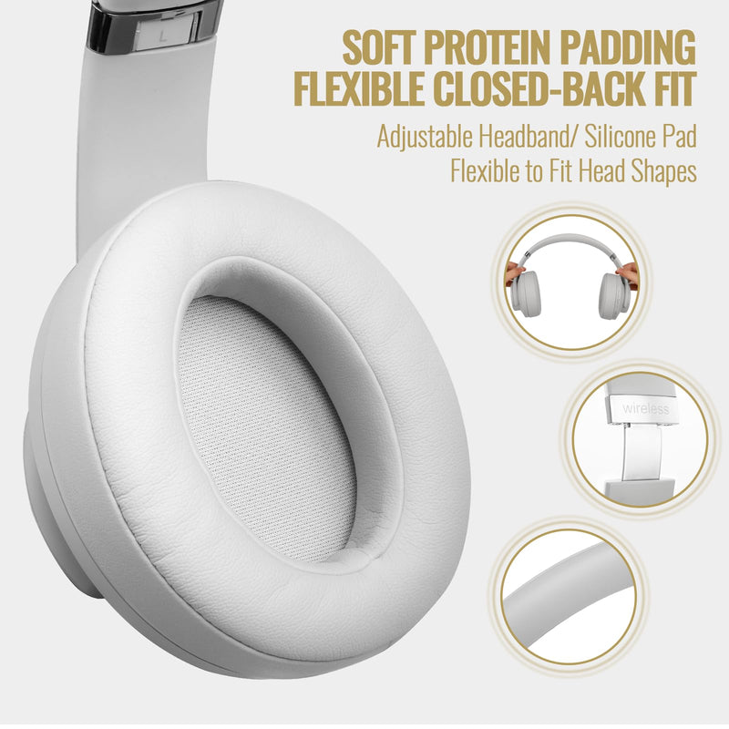 DOQAUS Bluetooth Headphones Over Ear, 90 Hours Playtime Wireless Headphones with 3 EQ Modes, Noise Isolating HiFi Stereo Headphones with Deep Bass, Microphone, Soft Earpads for Cellphone/PC (White) White