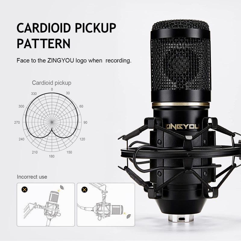 ZINGYOU Condenser Microphone Kit, BM-800 Mic Set with Adjustable Mic Suspension Scissor Arm, Metal Shock Mount and Double-layer Pop Filter for Studio Recording & Broadcasting(Black) Black