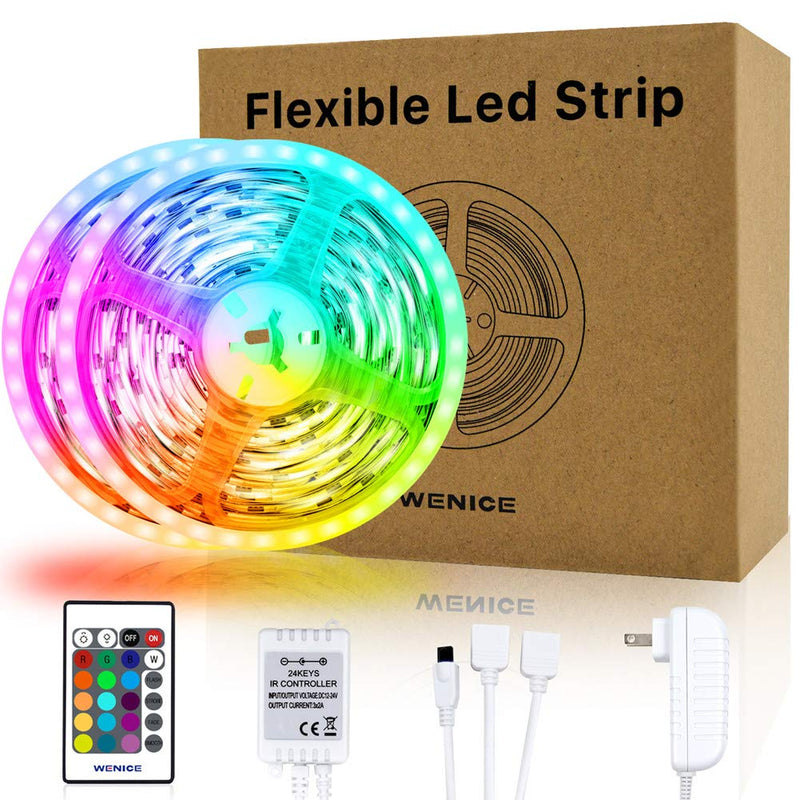 LED Strip Lights 50 ft,WENICE 15m RGB Flexible LED Tape Lights with DC12V Power Supply 24Key IR Remote Controller for Bedroom, Living Room