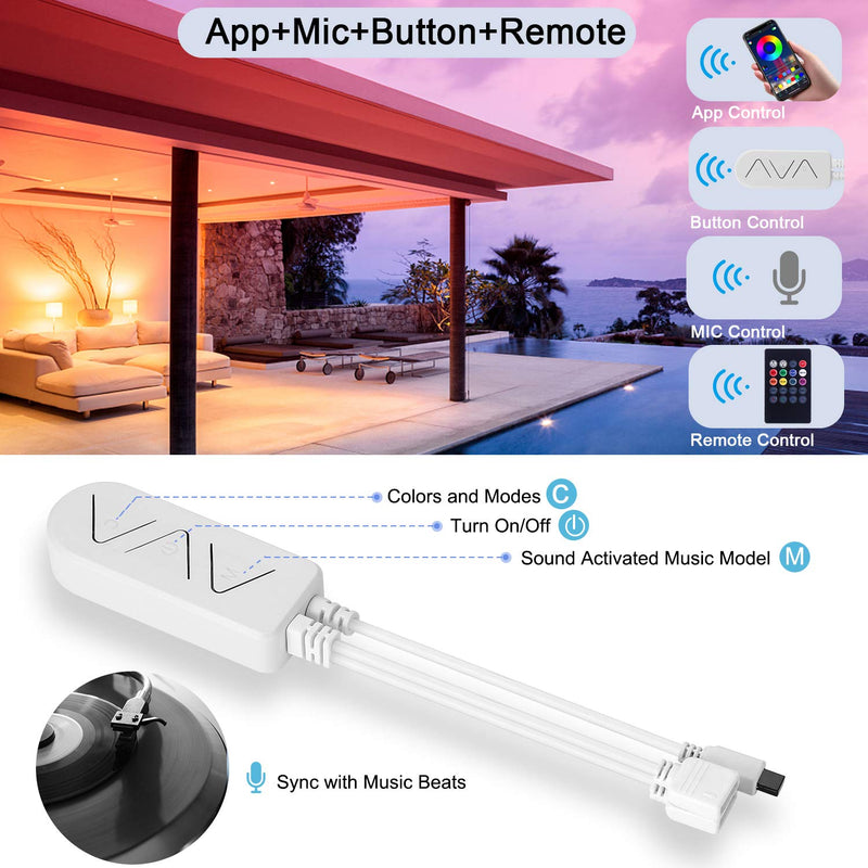 [AUSTRALIA] - LED Strip Lights 50ft, Hiromeco Music Sync LED Lights Bluetooth App Controlled with Remote Mic Color Changing, 5050 Smart RGB Rope Lights for Kids Kitchen Room Lights (APP+Remote+Mic+3 Button) 