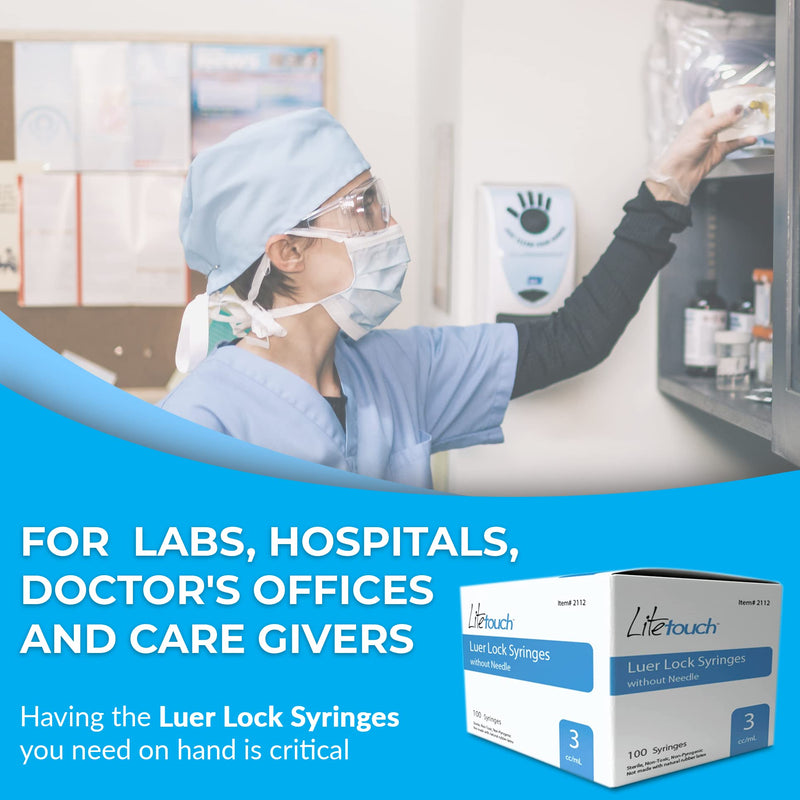 LiteTouch 3mL Luer Lock Syringe, Sterile, Individually Sealed - 100 Syringes per Box (no needle)