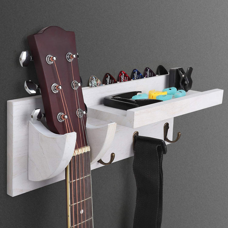 Bikoney Guitar Holder Wall Mount Bracket Hanger Guitar Wood Hanging Rack with Pick Holder and 3 Hook Vintage White