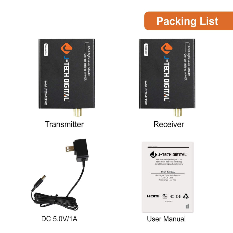 Digital Audio Extender Converter for Optical/Coaxial Audio Over Single Cat5e/6 Cable (PoC) up to 990’ (300m) for Dolby Digital, DTS 5.1, DTS-HD, PCM by J-Tech Digital [JTECH-AET1000] 990 FT