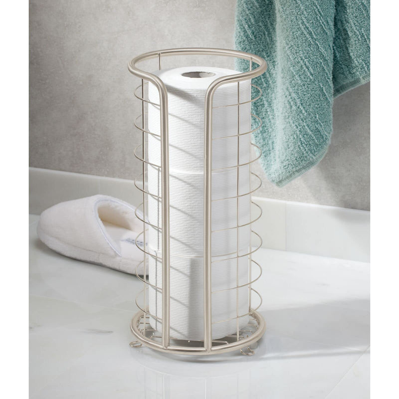 mDesign Metal Free Standing Toilet Paper Organizer Stand, 3 Rolls of Jumbo Toilet Tissue Storage, Bathroom Decor Accessory for Under Sink, Vanity, and Inside Cabinet Shelf, Omni Collection, Satin