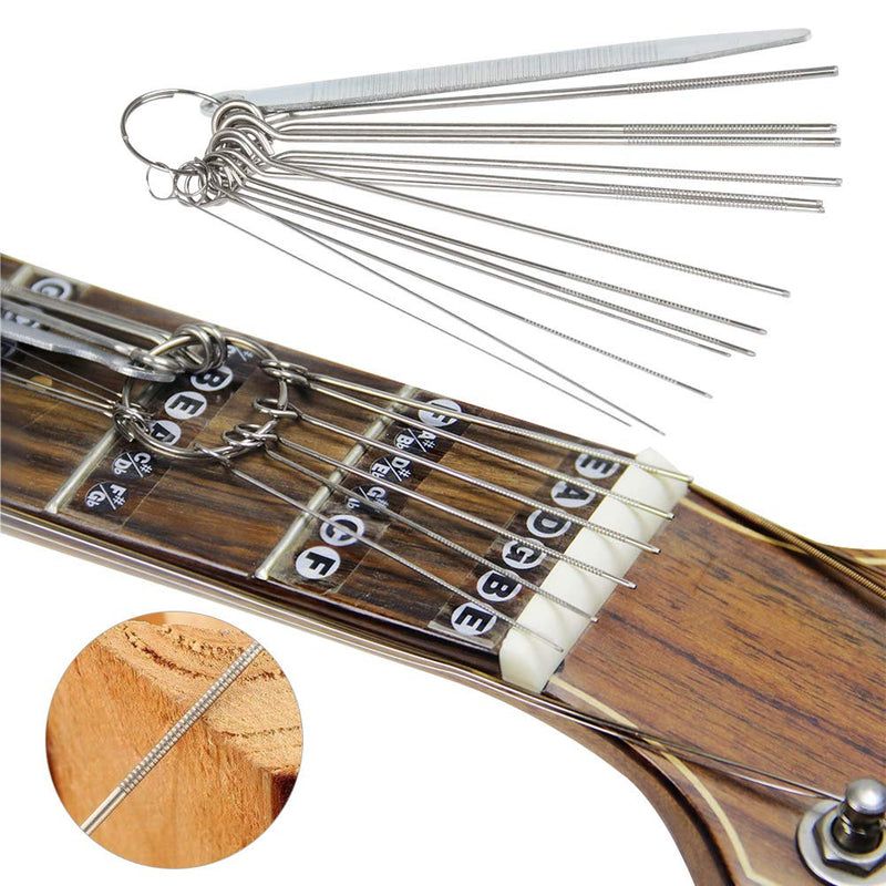 TIMESETL Guitar Luthier Tool Set Include 13 Stainless Steel Guitar Bridge Saddle Nut Files, 9 Understring Radius Gauge Luthier Tools and 9 Sheet Sandpaper for Guitar and Bass Setup