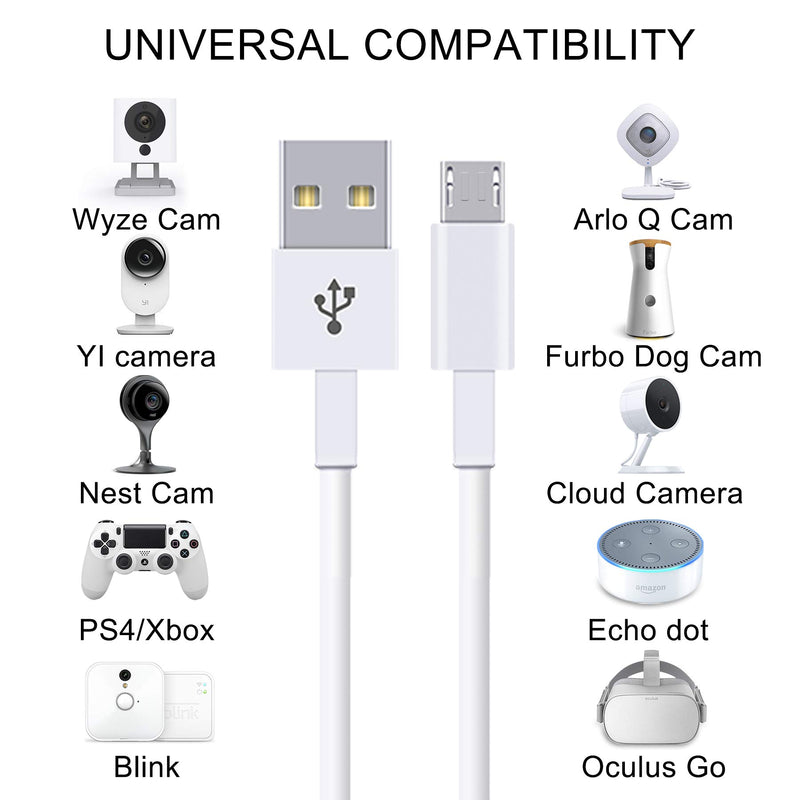 MENEEA 26FT 3 Pack Power Extension Cable Compatible with Wyze Cam Pan, WyzeCam,Kasa Cam,YI Dome Home Camera,Furbo Dog,Nest Cam, Oculus Go,Netvue,Durable Charging and Data Sync Micro USB Cord White
