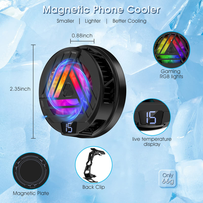 MATEPROX Cell Phone Cooler, Magnetic Phone Cooling Fan with Magnetic Plates LED Display RGB Lights and Instant Cooling system, Cellphone Radiator for Mobile Gaming TikTok Live Streaming Outdoor Vlog