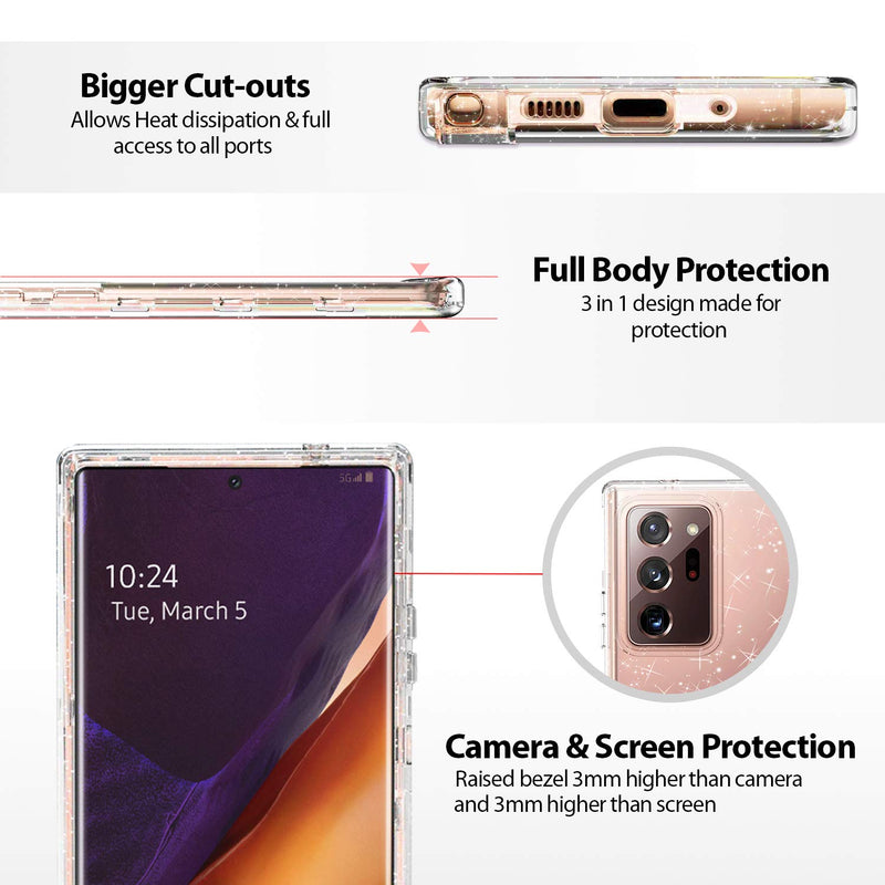 Coolwee Crystal Glitter Full Protective Case for Galaxy Note 20 Ultra 5G Heavy Duty Hybrid 3 in 1 Rugged Shockproof Women Girl Transparent for Samsung Galaxy Note 20 Ultra Shiny Clear Bling Sparkle Crystal Bling