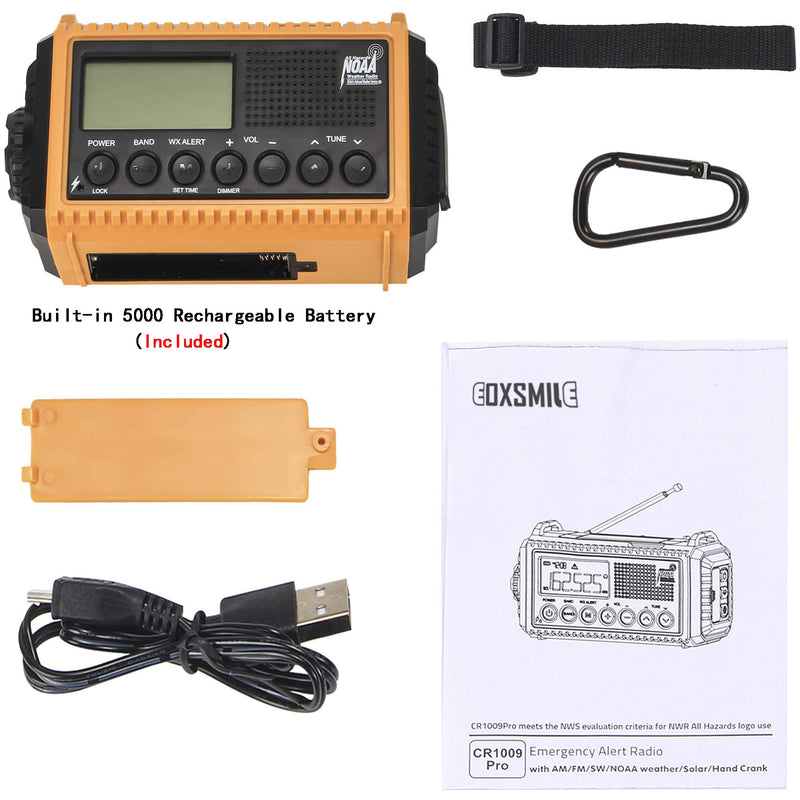 Auto NOAA Emergency Weather Radio, Solar Hand Crank Radio,Portable Battery Operated Emergency Radio with AM FM Shortwave,USB Charger,LED Flashlight,Clock, SOS Alert for Home Outdoors Camping Survival Yellow Black with LCD Display