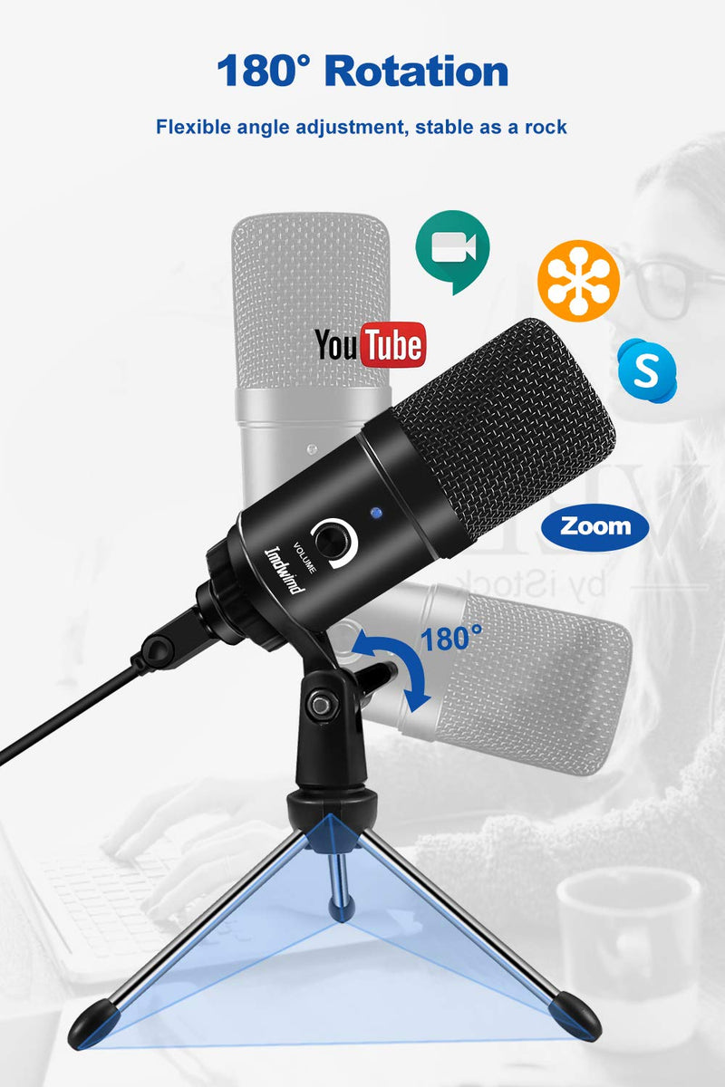Imdwimd PC Condenser USB Microphone for Computer Recording Gaming Mic Plug and Play 192kHZ/24bit with Desk Tripod for Gaming Podcasting Streaming Compatible with PC PS4 iMac Computer Laptop Desktop