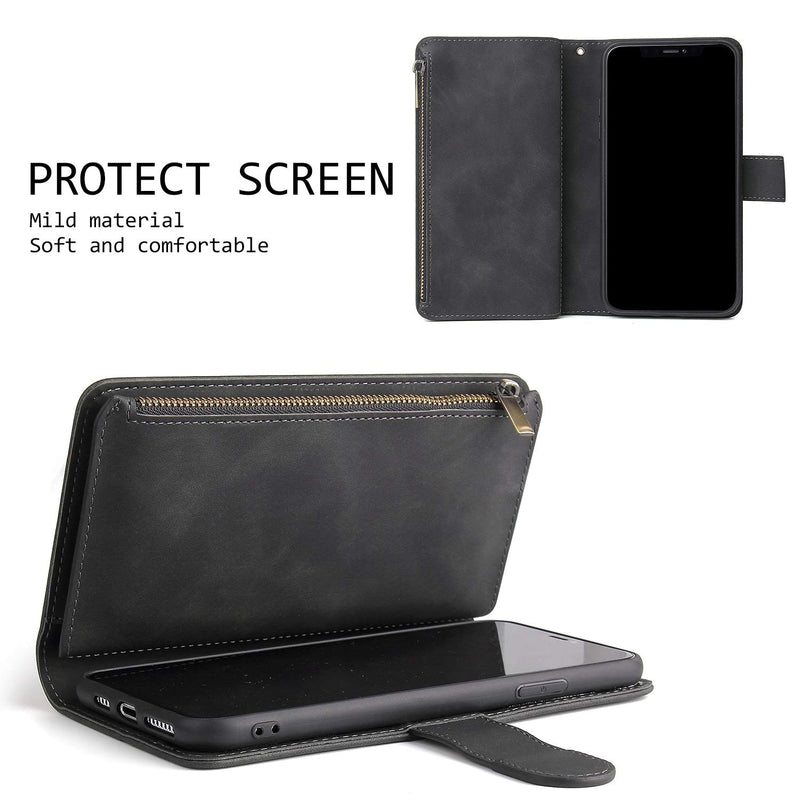 UEEBAI Wallet Case for iPhone SE 2020 iPhone 7 iPhone 8, Premium Vintage PU Leather Magnetic Closure Handbag Zipper Pocket Kickstand Card Holder Slots with Wrist Strap Shockproof Flip Case - Black