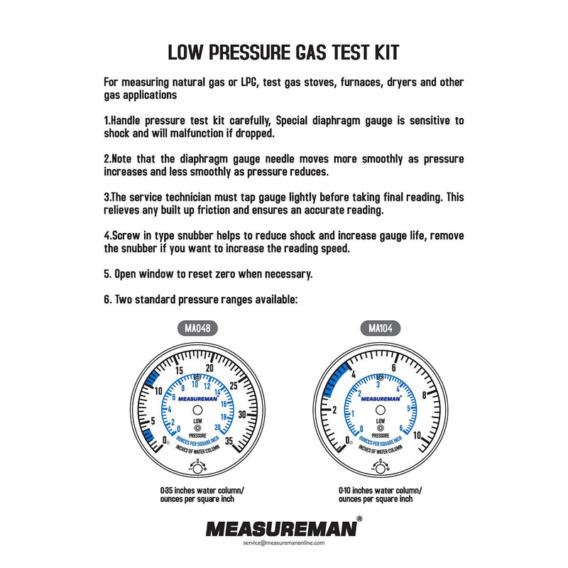 [AUSTRALIA] - MEASUREMAN Natural Gas or LP Gas Manifold Pressure Test Kit, 0-35"W.C, 1/4"NPT, 40" Length Hose 0-35inH2O Pressure Test Kit 