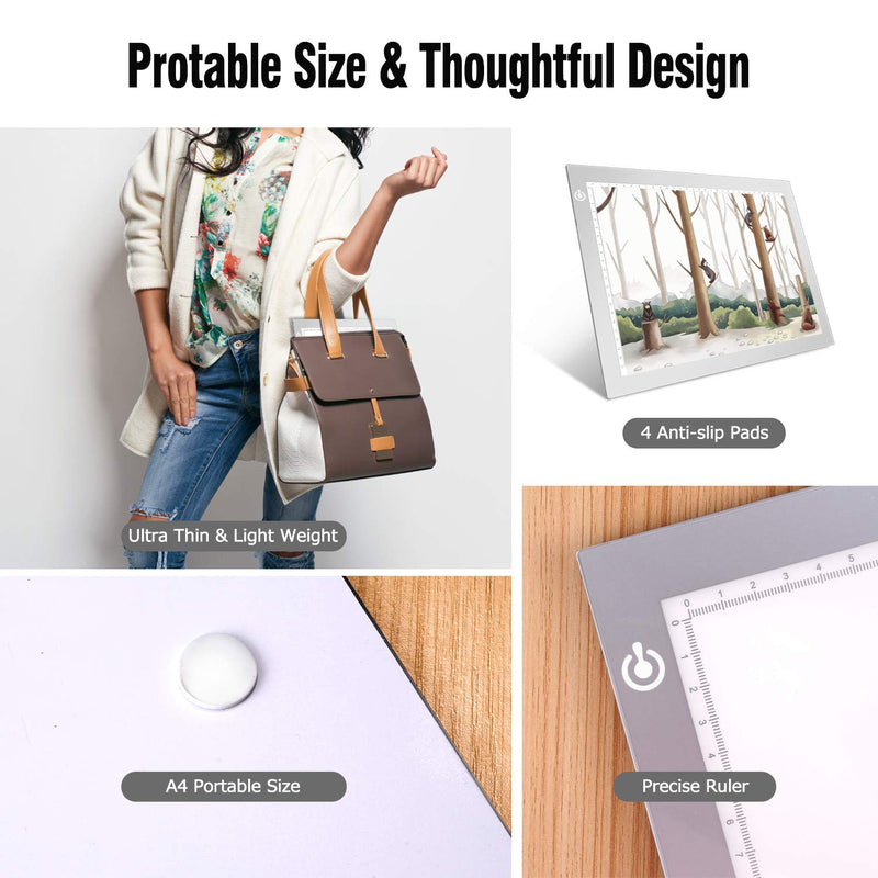 Silver A4 Dimmable LED Artcraft Light Box Tracer Slim Light Pad Portable Tablet, USB Power Cable Copy Drawing Board Tracing Table for Artists Designing, Animation, Sketching, Stenciling X-ray Viewing Silver