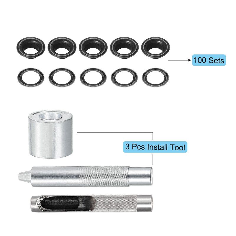 uxcell Grommet Tool Kit 100 Sets 3/8" Copper Grommets Eyelets with 3pcs Install Tools, 10mm Inside Dia. Black