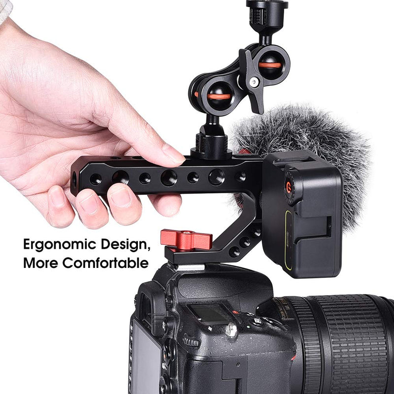 UTEBIT Camera Hot Shoe Top Handle Grip with 1/4" 3/8" Screw Thread, Universal Video Stabilizer Rig with 3 Cold Shoe Adapters to Mount DSLR Camera with Microphone/LED Light/ Monitor/Phone/Magic Arm
