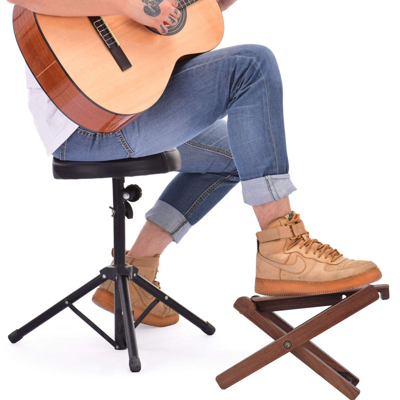 KingPoint Solid Wood Guitar Footstool 4 Adjusatble Height Levels Black Walnut Wood Guitar Footres Foldable (Black Walnut Footstool) Black Walnut Footstool