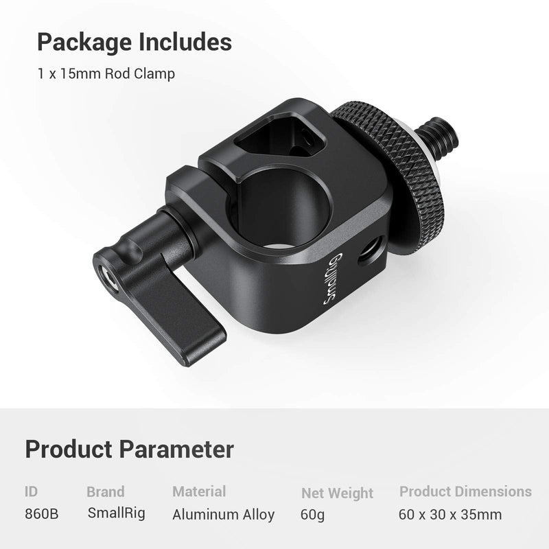 SMALLRIG 15mm Rod Clamp Rail Connector with 1/4" Thread Hole to Attach Camera Microphones/Sound Recorders/Lighting Equipment - 860