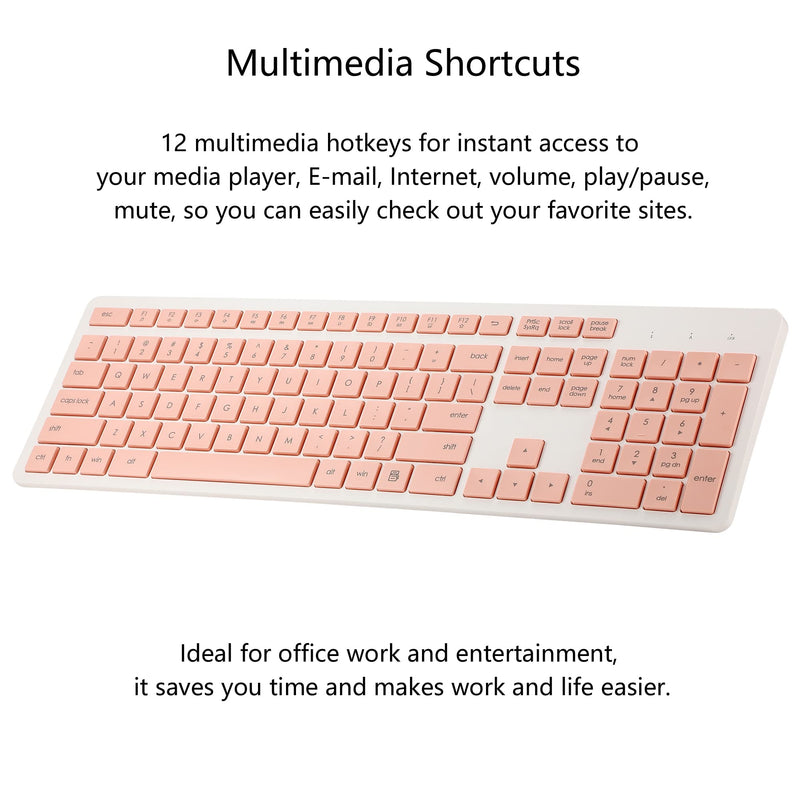 Wireless Keyboard and Mouse Combo, 2.4G Silent Cordless Wireless Keyboard Mouse Combo for Windows Chrome Laptop Computer PC Desktop, 106 Keys Full Size with Number Pad, 1600 DPI Optical Mouse (Pink) Pink
