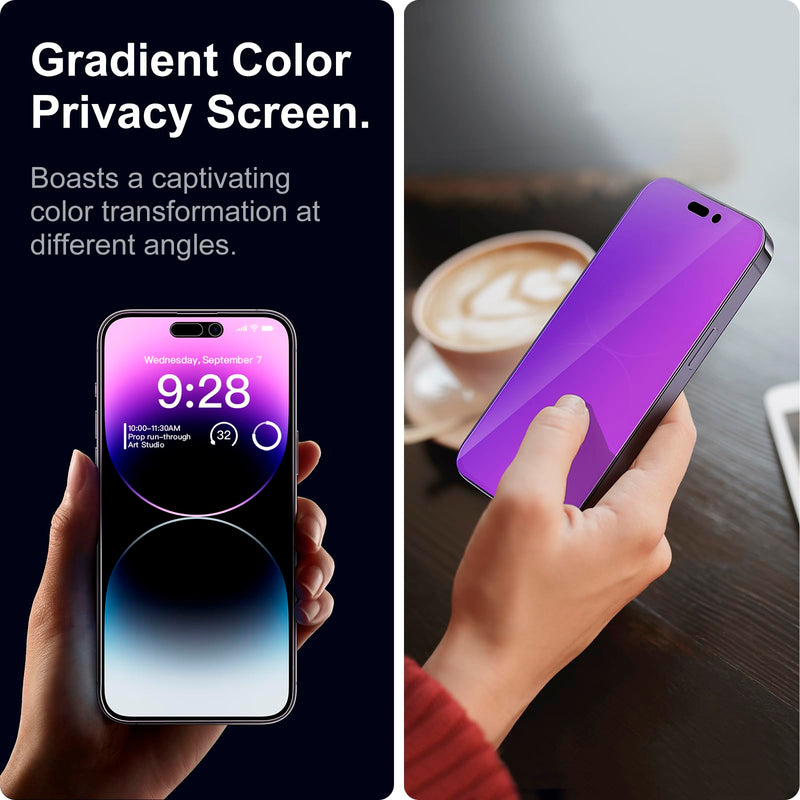 TECHO Privacy Screen Protector Compatible with iPhone 14 Pro Max Tempered Glass [Gradient Colorful] [Anti Spy Private] [Anti Blue Light] [2 PACK] [6.7 inch]