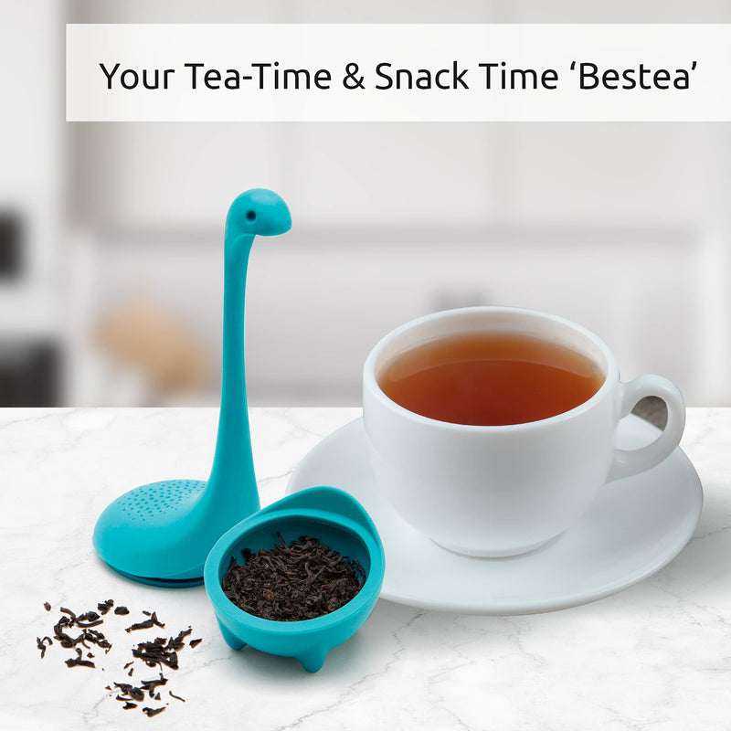 OTOTO Baby Nessie Loose Leaf Tea Infuser (Turquoise) - Dinosaur Tea Infuser Strainer with Steeping Spoon - Long Handle Neck, Cute Ball Body Lake Monster Silicone Tea Infuser for Loose Leaf Herbal Tea Turquoise