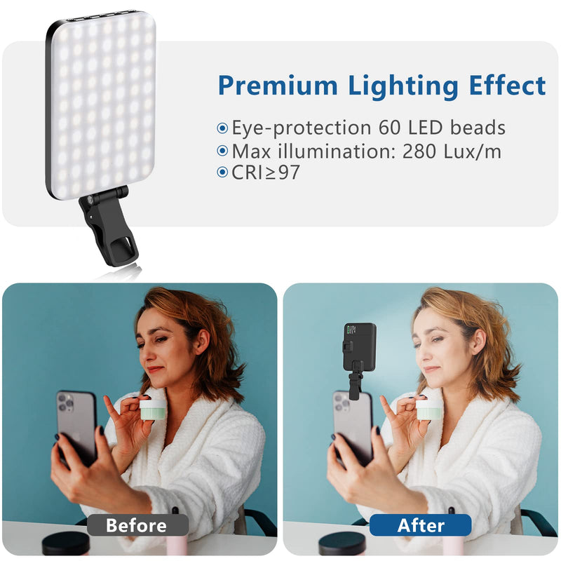 ALTSON 60 LED Portable Selfie Light Video Conference Lighting with Clip & Camera Tripod Adapter Rechargeable 2200mAh CRI 97+, 3 Light Modes for Phone iPhone Webcam Laptop Photo Makeup Black