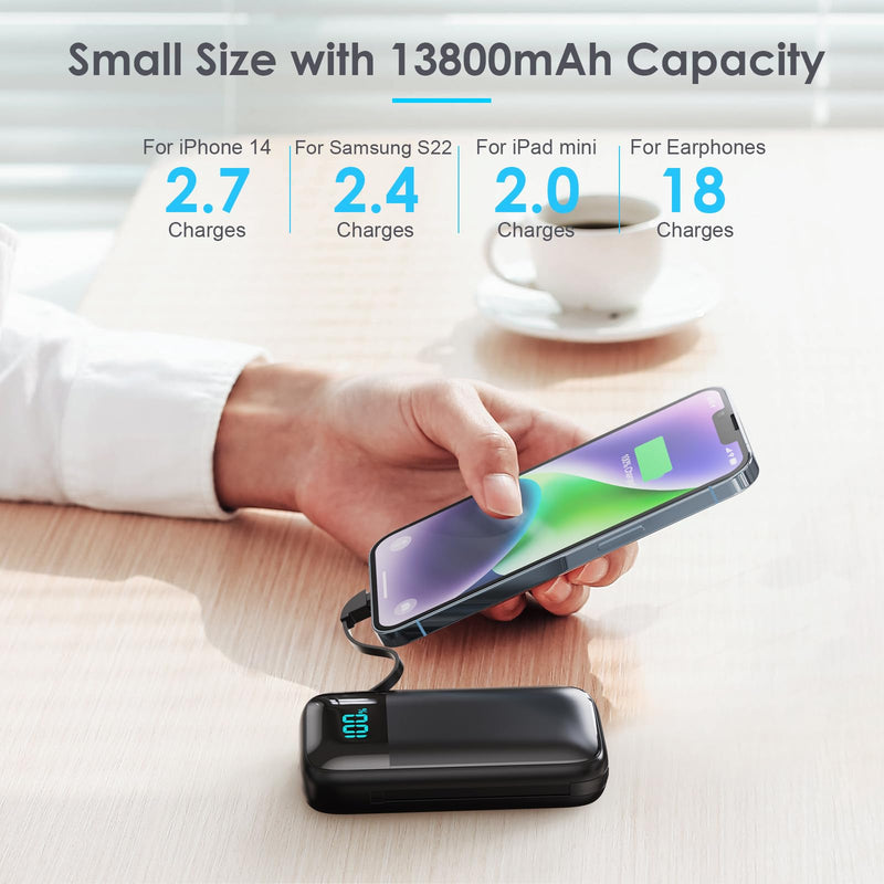 [AUSTRALIA] - Small Portable Charger with Built in Cables, Ultra-Compact 13800mAh PD Fast Charging USB C Power Bank, 4 Output LCD Display Battery Pack Phone Charger Compatible with All iPhone,Samsung,Android Phone Black 